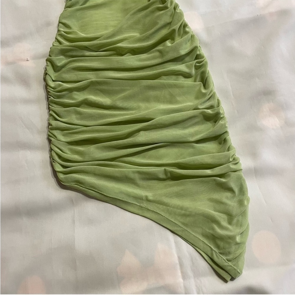 Danielle Guizio- Lime Green One Shoulder Asymmetrical Ruched Midi Dress Size S - Picture 3 of 7
